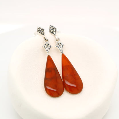 Art deco drop earrings with carnelian drop, marcasite in sterling silver