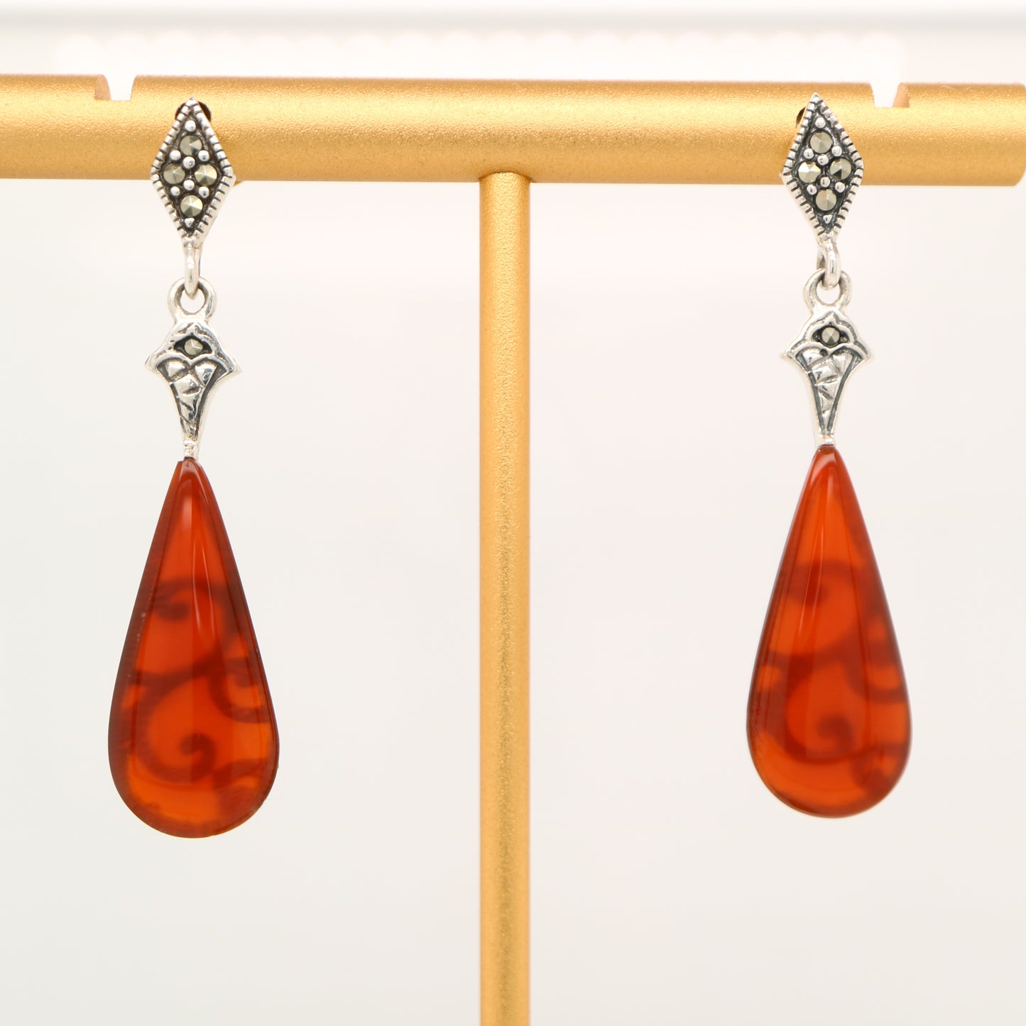 Art deco drop earrings with carnelian drop, marcasite in sterling silver
