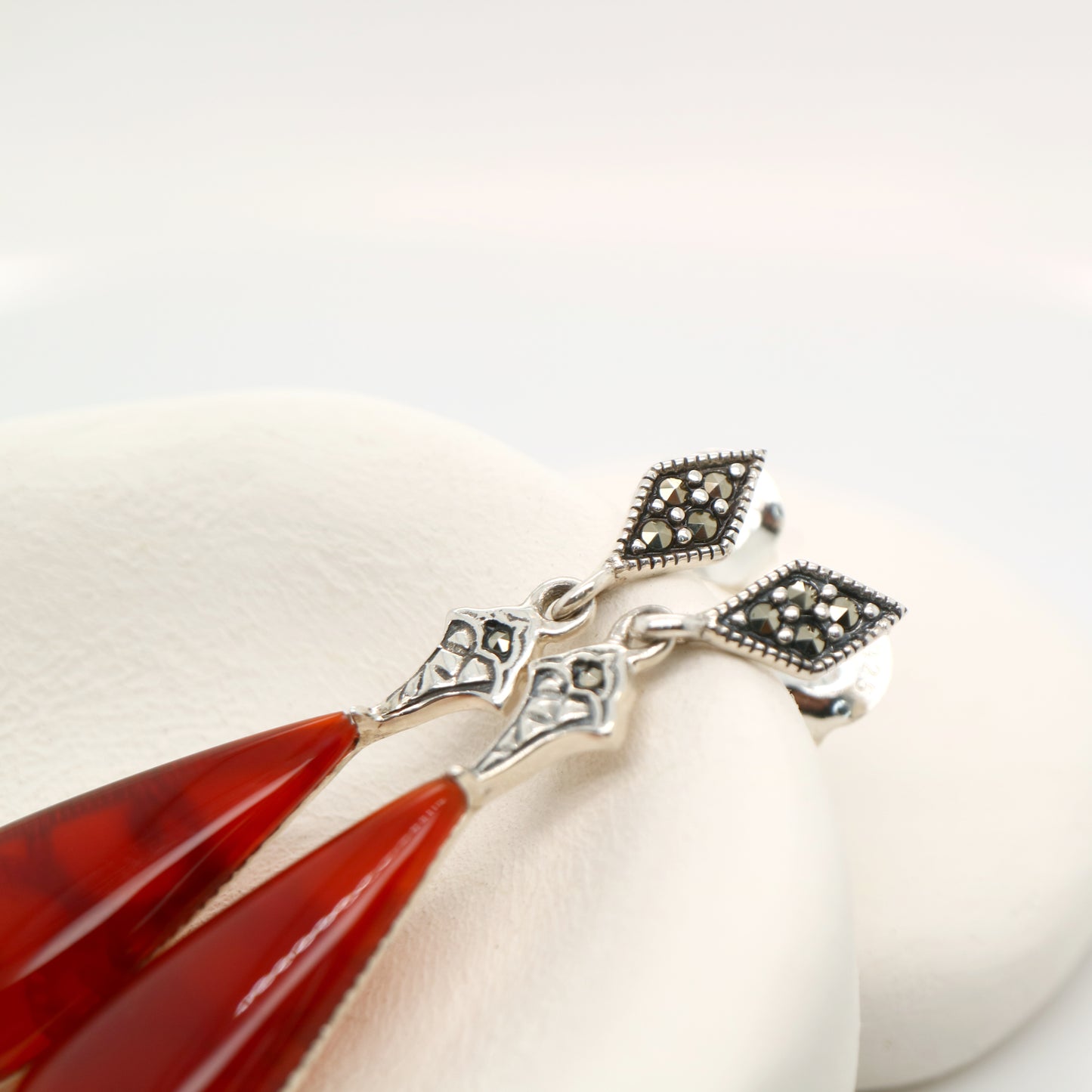 Art deco drop earrings with carnelian drop, marcasite in sterling silver