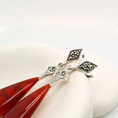Art deco drop earrings with carnelian drop, marcasite in sterling silver