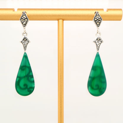 Art deco drop earrings with green agate drop, marcasite in sterling silver