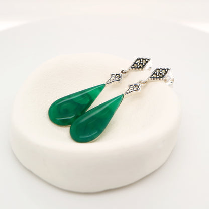 Art deco drop earrings with green agate drop, marcasite in sterling silver