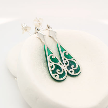 Art deco drop earrings with green agate drop, marcasite in sterling silver