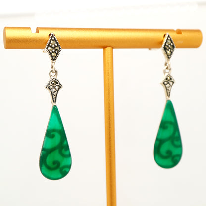 Art deco drop earrings with green agate drop, marcasite in sterling silver