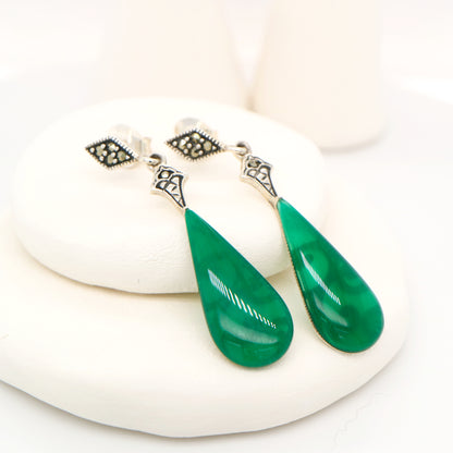 Art deco drop earrings with green agate drop, marcasite in sterling silver