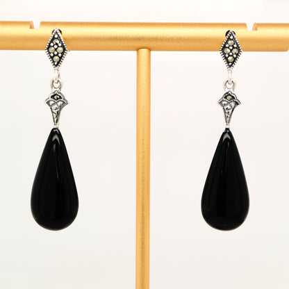 Art deco drop earrings with onyx drop, marcasite in sterling silver