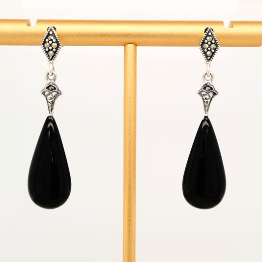 Art deco drop earrings with onyx drop, marcasite in sterling silver