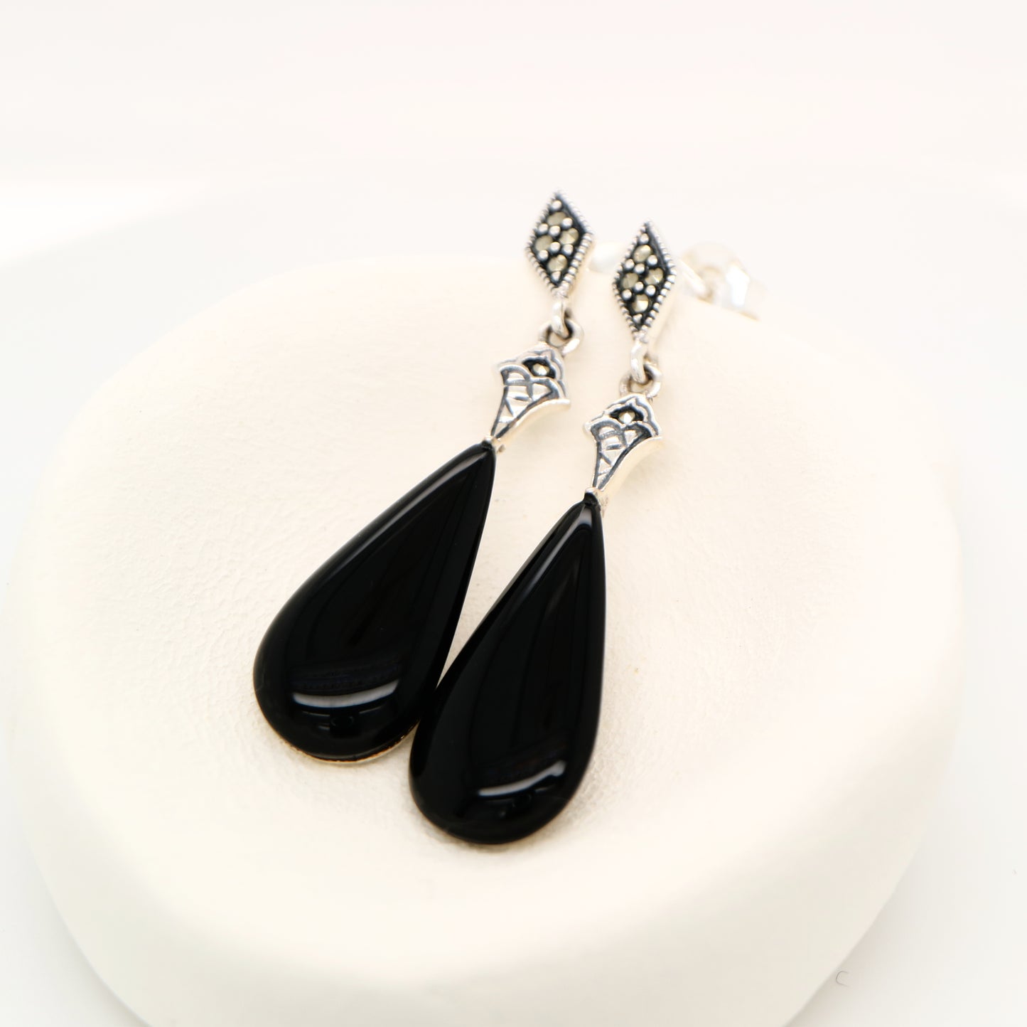 Art deco drop earrings with onyx drop, marcasite in sterling silver
