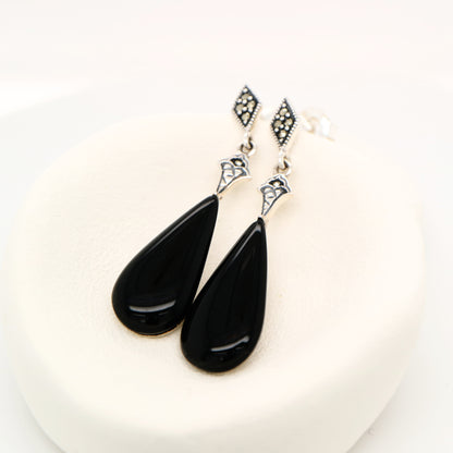 Art deco drop earrings with onyx drop, marcasite in sterling silver