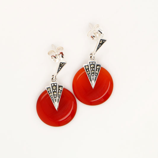 Art deco carnellian drop earrings with marcasite in sterling silver