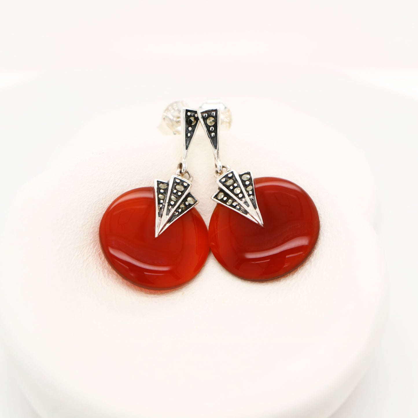 Art deco carnellian drop earrings with marcasite in sterling silver