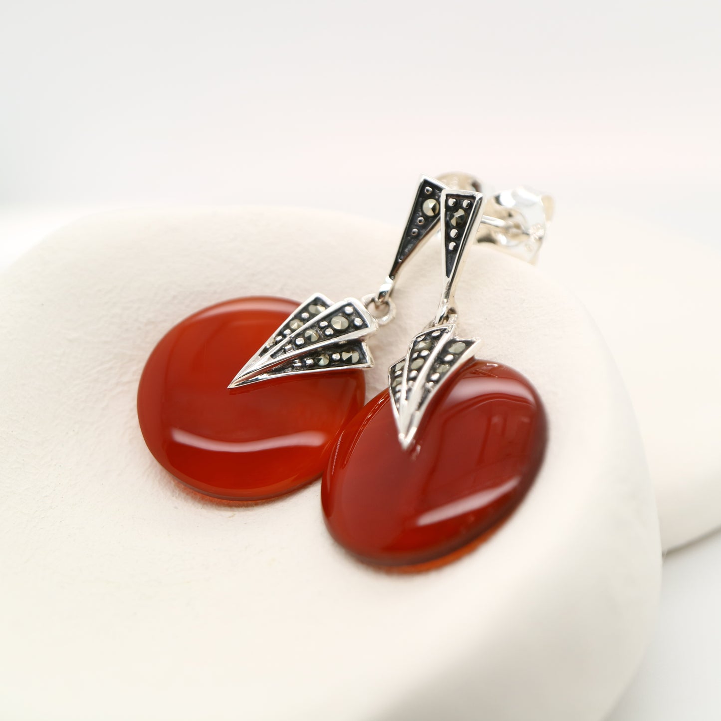 Art deco carnellian drop earrings with marcasite in sterling silver