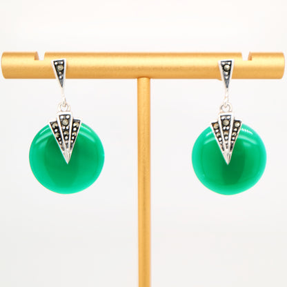 Art deco green agate drop earrings with marcasite in sterling silver