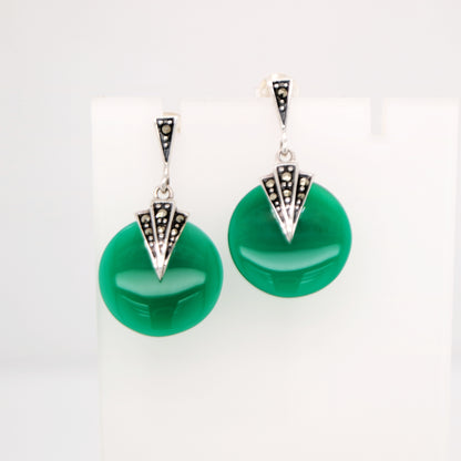 Art deco green agate drop earrings with marcasite in sterling silver