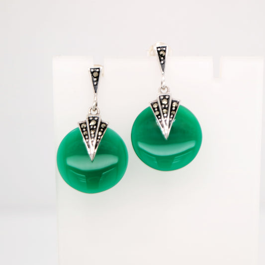 Art deco green agate drop earrings with marcasite in sterling silver