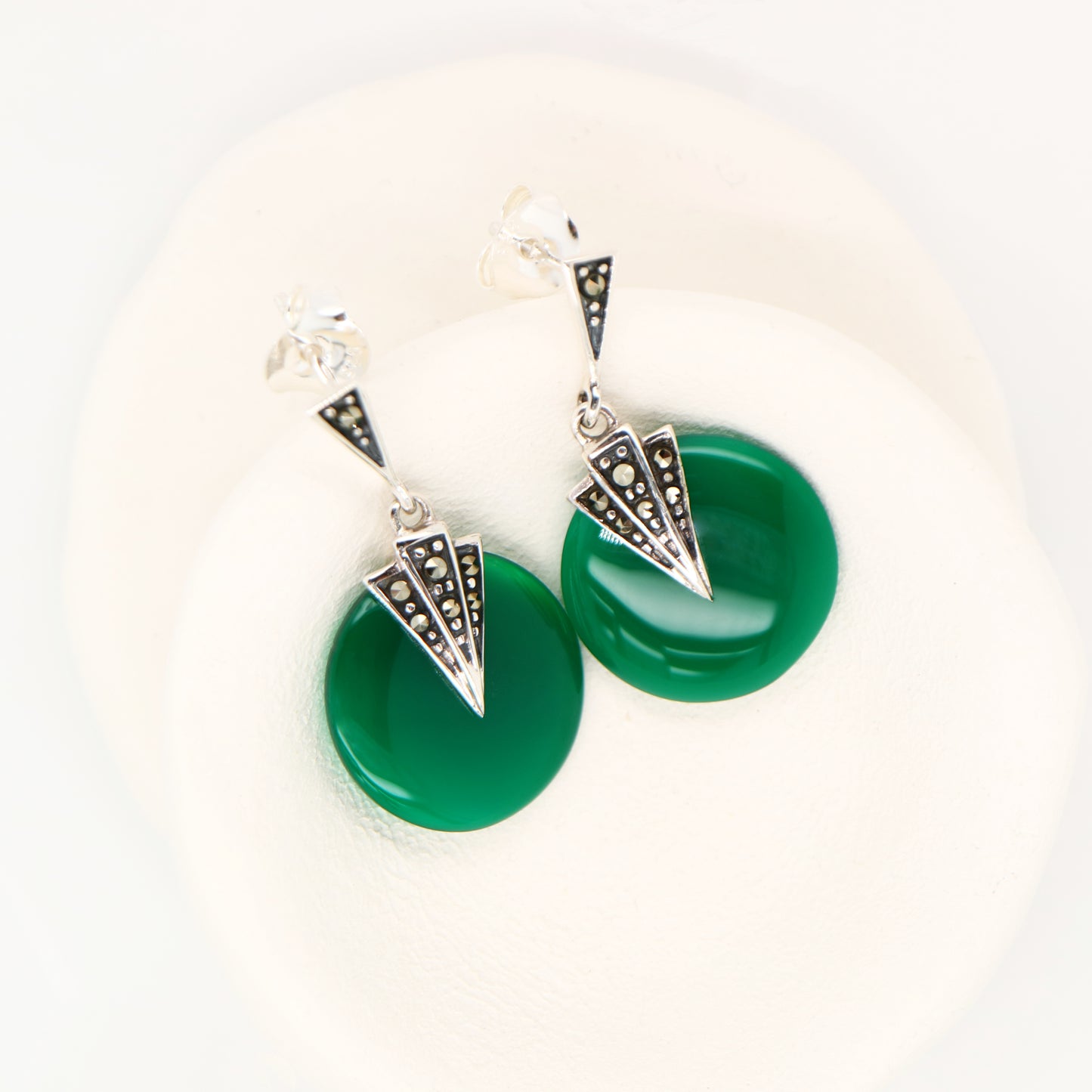 Art deco green agate drop earrings with marcasite in sterling silver