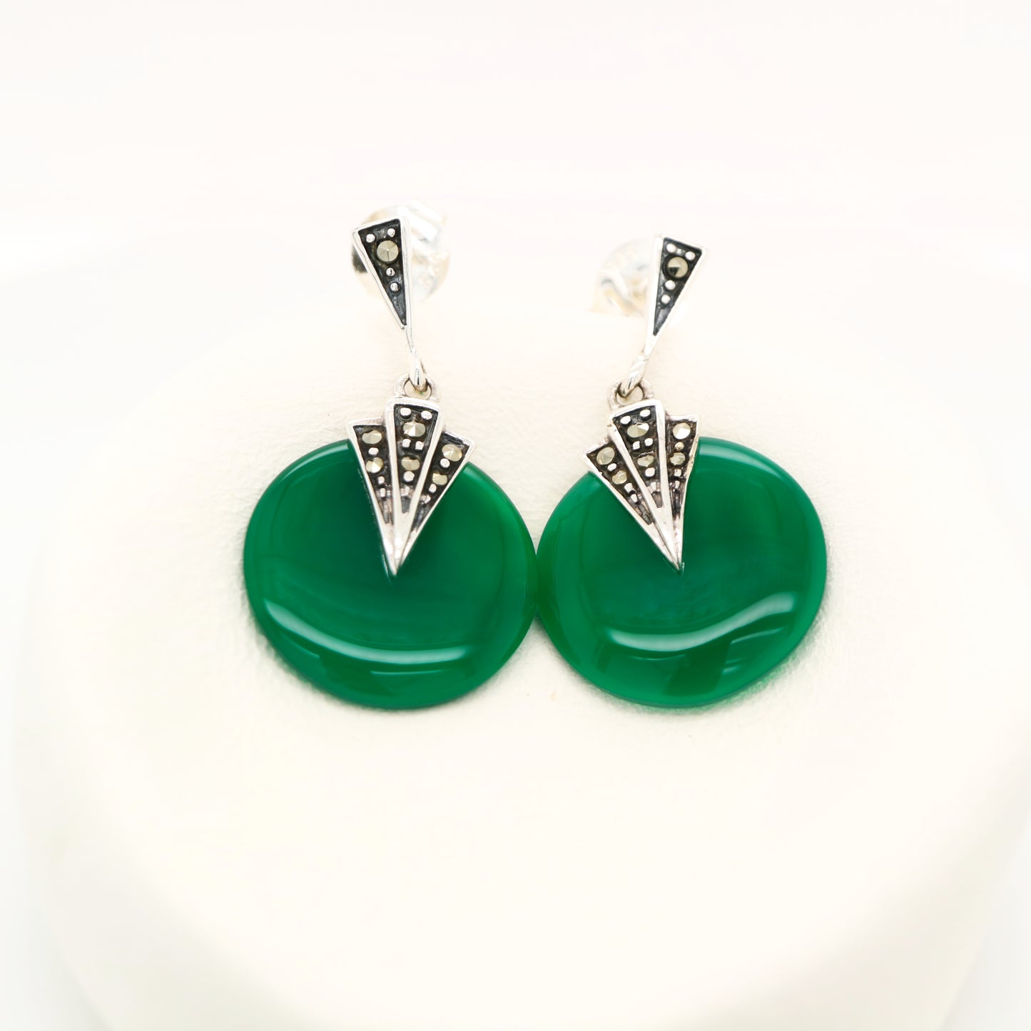 Art deco green agate drop earrings with marcasite in sterling silver