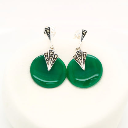 Art deco green agate drop earrings with marcasite in sterling silver