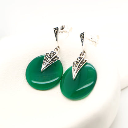 Art deco green agate drop earrings with marcasite in sterling silver
