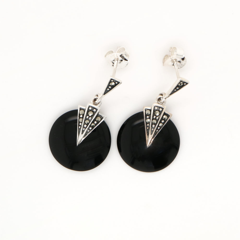 Art deco onyx drop earrings with marcasite in sterling silver