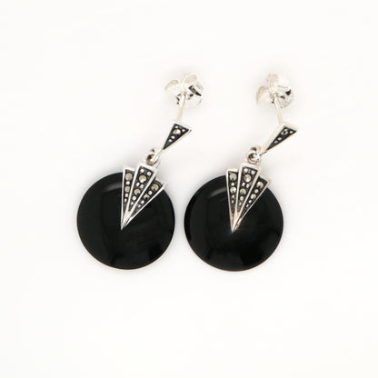 Art deco onyx drop earrings with marcasite in sterling silver