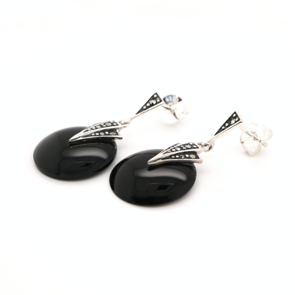 Art deco onyx drop earrings with marcasite in sterling silver