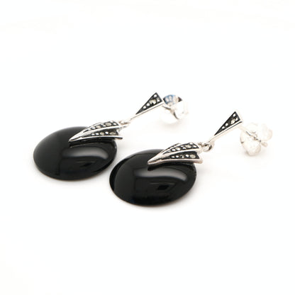 Art deco onyx drop earrings with marcasite in sterling silver