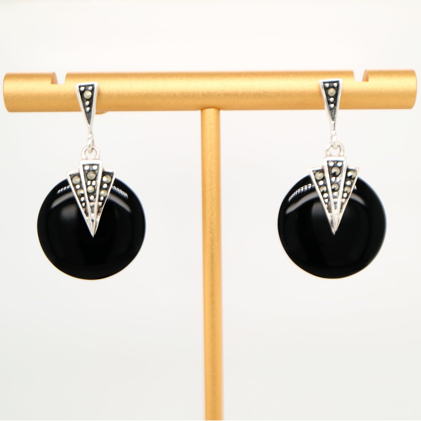 Art deco onyx drop earrings with marcasite in sterling silver