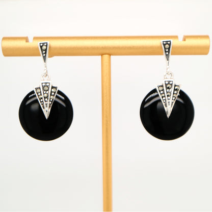 Art deco onyx drop earrings with marcasite in sterling silver