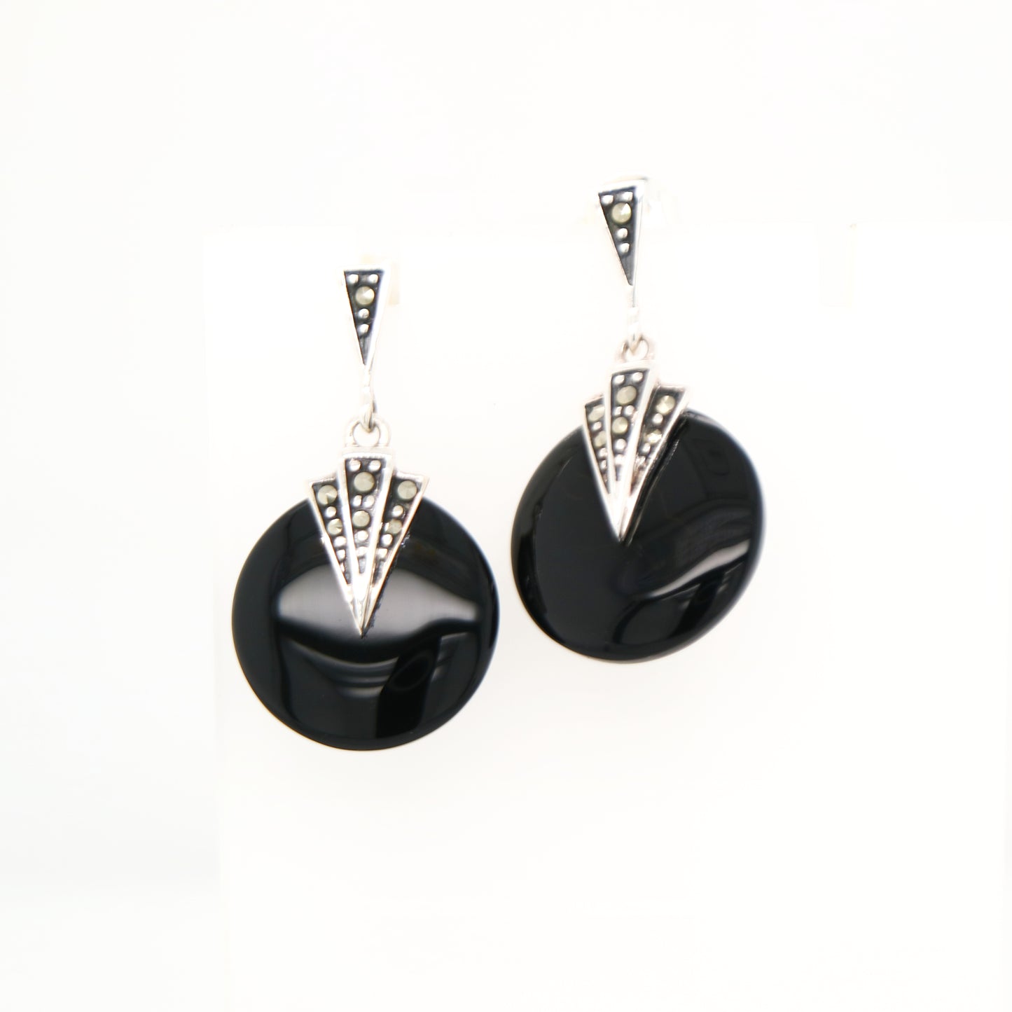 Art deco onyx drop earrings with marcasite in sterling silver