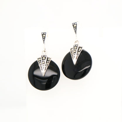 Art deco onyx drop earrings with marcasite in sterling silver