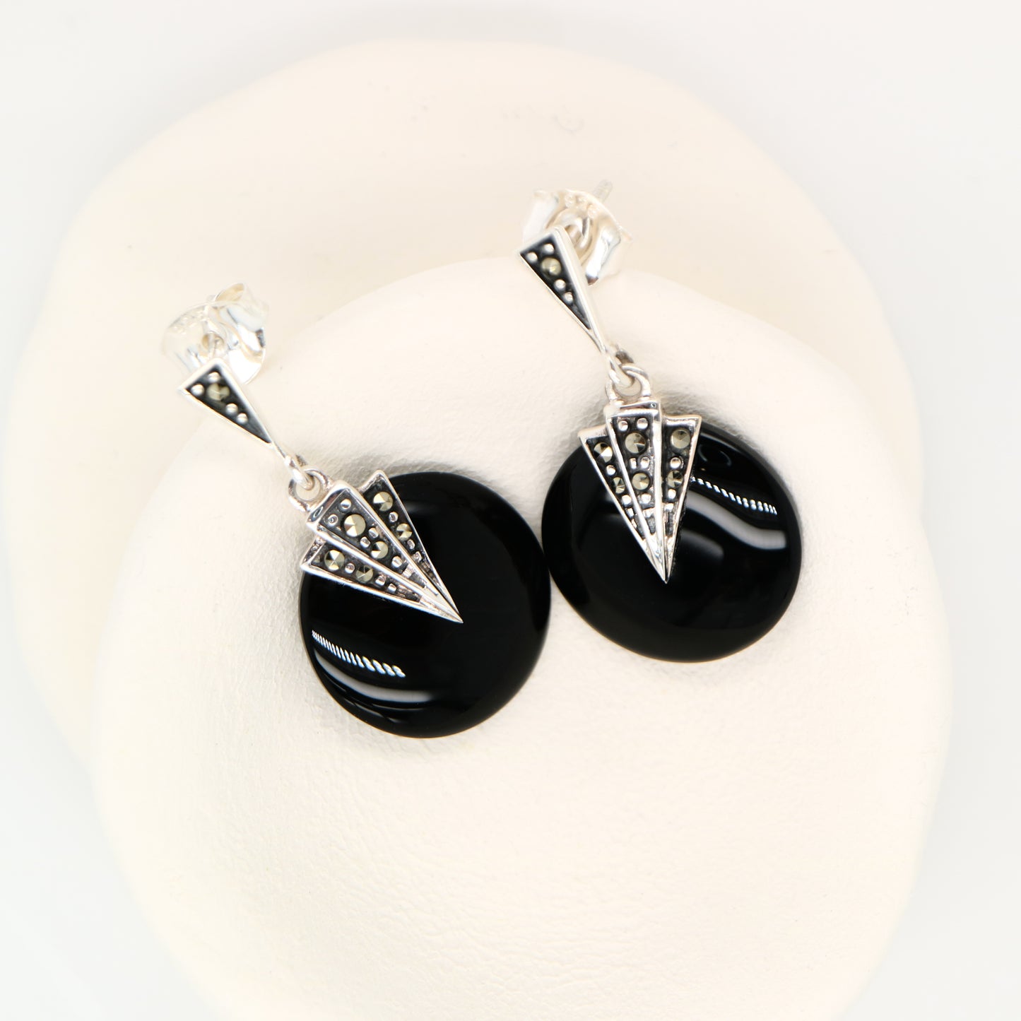 Art deco onyx drop earrings with marcasite in sterling silver