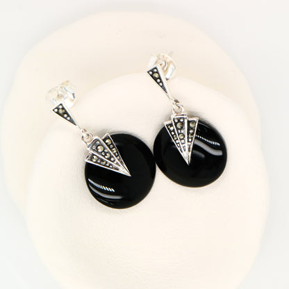 Art deco onyx drop earrings with marcasite in sterling silver