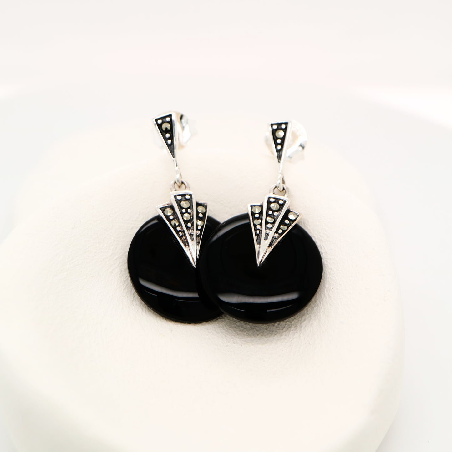 Art deco onyx drop earrings with marcasite in sterling silver