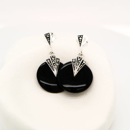Art deco onyx drop earrings with marcasite in sterling silver