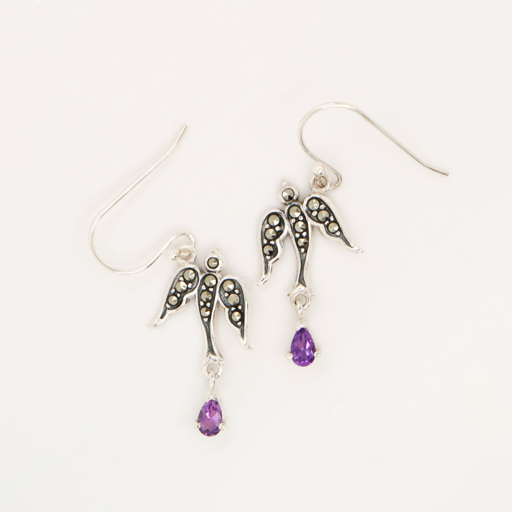 Swallow earrings with amethyst and marcasite in sterling silver