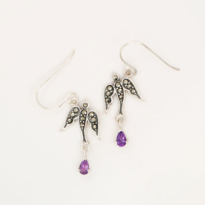 Swallow earrings with amethyst and marcasite in sterling silver