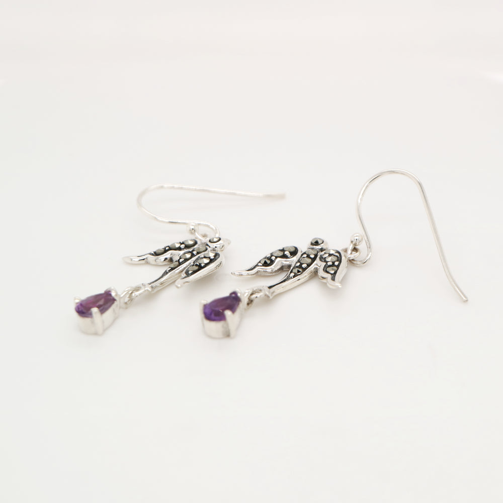 Swallow earrings with amethyst and marcasite in sterling silver