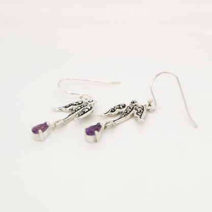Swallow earrings with amethyst and marcasite in sterling silver