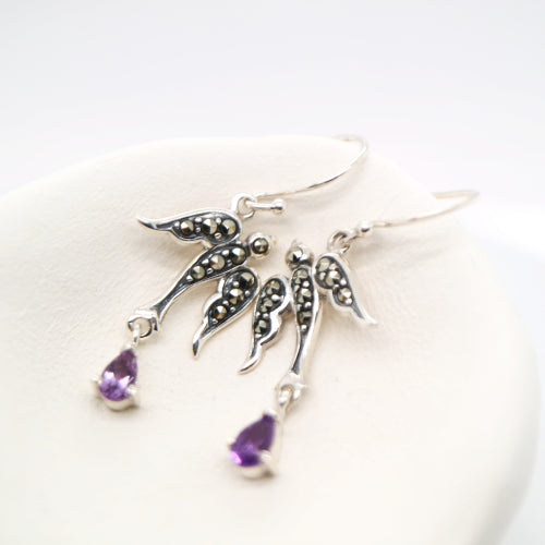 Swallow earrings with amethyst and marcasite in sterling silver
