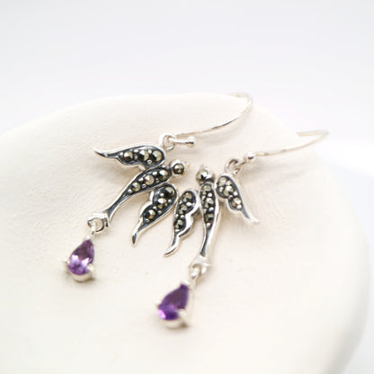 Swallow earrings with amethyst and marcasite in sterling silver