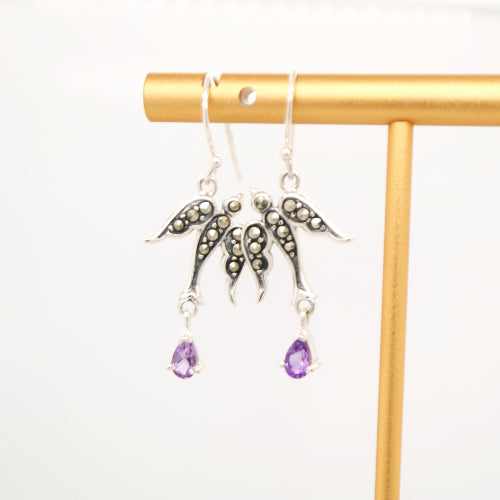 Swallow earrings with amethyst and marcasite in sterling silver