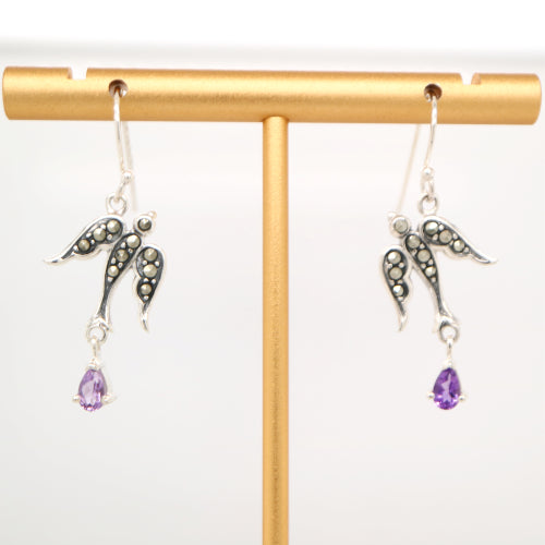 Swallow earrings with amethyst and marcasite in sterling silver