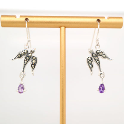 Swallow earrings with amethyst and marcasite in sterling silver