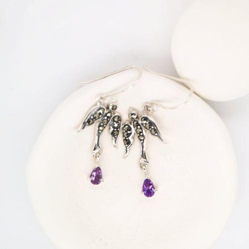 Swallow earrings with amethyst and marcasite in sterling silver