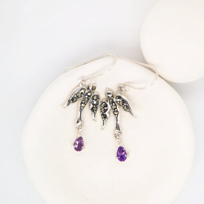 Swallow earrings with amethyst and marcasite in sterling silver