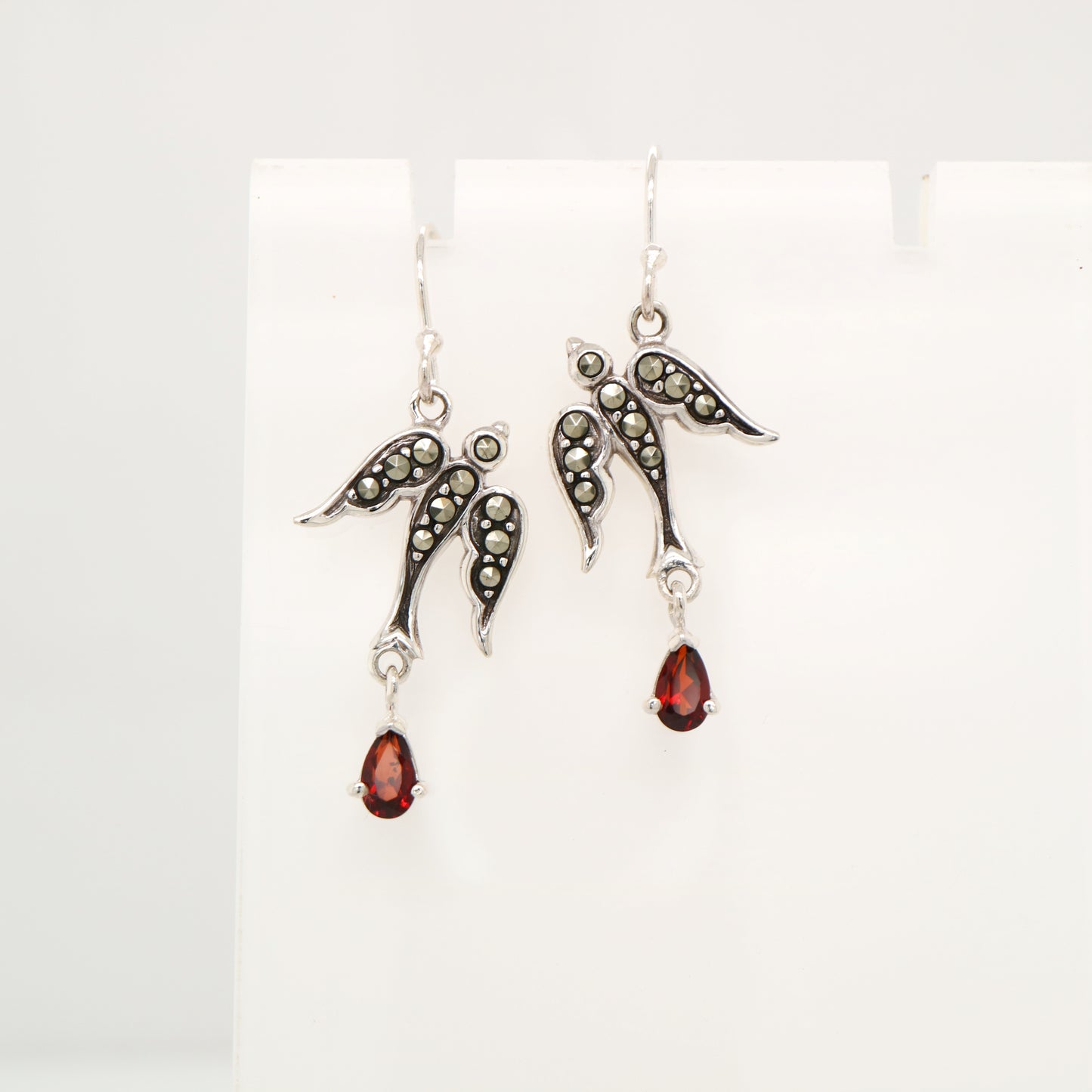 Swallow earrings with garnet and marcasite in sterling silver