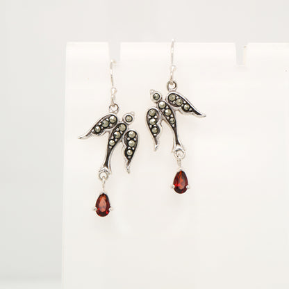 Swallow earrings with garnet and marcasite in sterling silver
