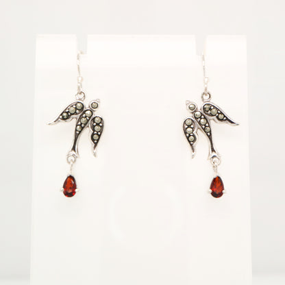 Swallow earrings with garnet and marcasite in sterling silver
