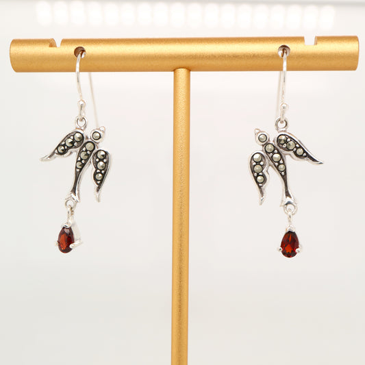 Swallow earrings with garnet and marcasite in sterling silver